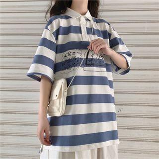 Elbow-sleeve Striped Polo Shirt / Wide-leg Pants