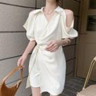 Short-sleeve Cold-shoulder Twist-front Mini Shirt Dress