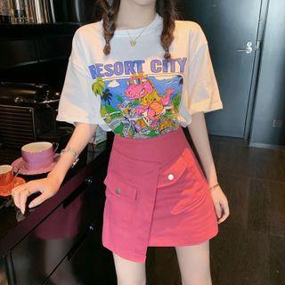Elbow-sleeve Graphic Print T-shirt / Asymmetrical Mini A-line Skirt
