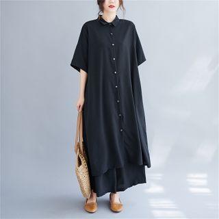 Set: Elbow-sleeve Long Shirt + Wide-leg Pants Set Of 2 - Black - One Size