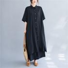 Set: Elbow-sleeve Long Shirt + Wide-leg Pants Set Of 2 - Black - One Size