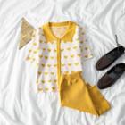 Set: Heart Print Short-sleeve Cardigan + Skirt Yellow Set - One Size
