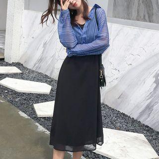 Set: Striped Shirt + Plain Spaghetti Strap Dress