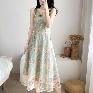 Spaghetti Strap Floral Mesh Midi Dress