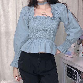 Shirred Square-neck Long-sleeve Slim-fit Blouse