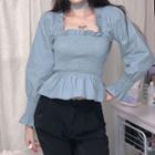 Shirred Square-neck Long-sleeve Slim-fit Blouse