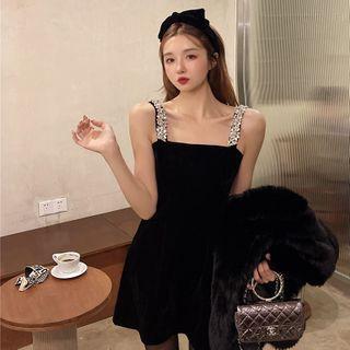 Rhinestone Spaghetti Strap Mini A-line Dress Black - One Size