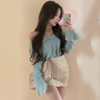 Set: One-shoulder Ribbed Knit Top + Mini Pencil Skirt