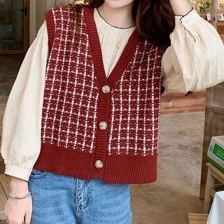 Balloon-sleeve Blouse / Single-breasted Tweed Knit Vest