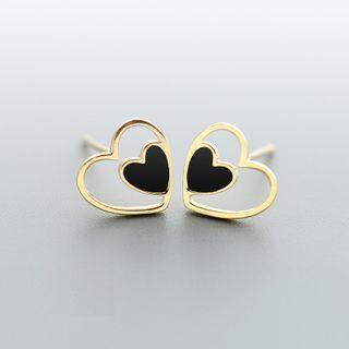 Sterling Silver Hollow Heart Stud Earring 1 Pair - Gold & Black - One Size