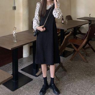 Long-sleeve Floral Print Blouse / Midi A-line Overall Dress
