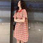 Plaid Short-sleeve Collared Dress Red - One Size