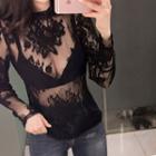 Stand-collar Lace-sheer Blouse