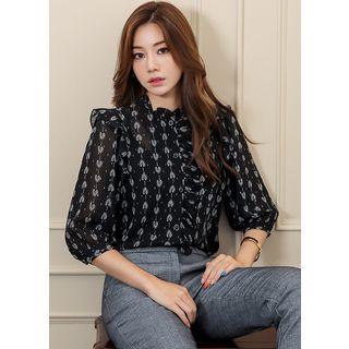 Frill-trim Paisley Chiffon Blouse Black - One Size