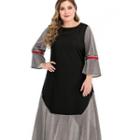 Plus Size 3/4-sleeve Striped Panel Midi Dress