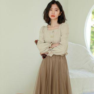 Bell-sleeve Square Neck Blouse Khaki - One Size
