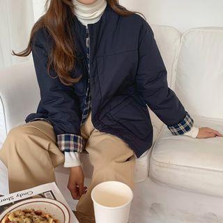 Collarless Checked-panel Padded Jacket