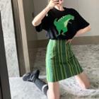 Set: Dinosaur Print Short-sleeve T-shirt + Striped A-line Skirt