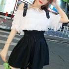 Set:plain Off-shoulder Top+high-waist Loose-fit Chiffon Shorts