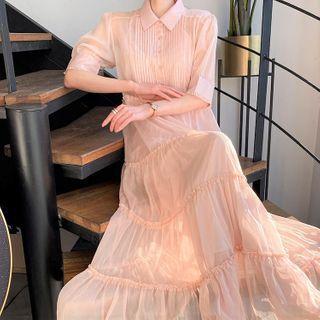 Set: Short-sleeve Tiered Sheer A-line Maxi Shirtdress + Slipdress