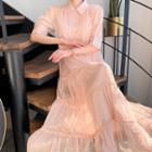 Set: Short-sleeve Tiered Sheer A-line Maxi Shirtdress + Slipdress