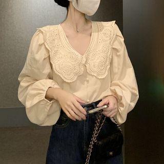 Puff-sleeve Peter Pan Collar Blouse Almond - One Size