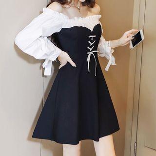 Long-sleeve Off-shoulder Lace-up Mini A-line Dress