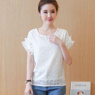 Short-sleeve Frilled Embroidery Chiffon Top