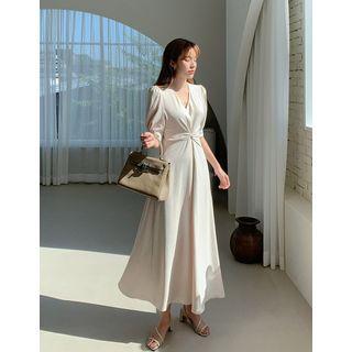 Puff-sleeve Knotted Maxi Flare Dress