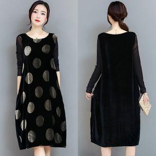 Long-sleeve Velvet Dotted Midi A-line Dress