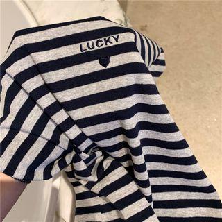 Lettering Striped Short-sleeve Slim-fit T-shirt As Figure - One Size