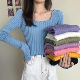 Wood Ear Trim Square-neck Knit Top