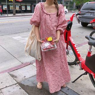 Plaid Loose-fit Elbow-sleeve Dress Watermelon Red - One Size