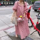 Plaid Loose-fit Elbow-sleeve Dress Watermelon Red - One Size