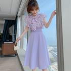 Set: Flutter Sleeve Pattern Lace-up Top + A-line Skirt