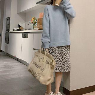 Plain Sweater / Leopard Print Midi Fitted Skirt / Set