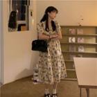 Short-sleeve Print Midi A-line Dress Blue & Green & Yellow & White - One Size