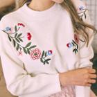 Flower-embroidered Furry-knit Top
