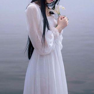Ruffled Puff Long-sleeve Maxi Chiffon Dress
