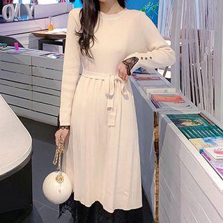 Tie-waist Lace Panel Knit Dress