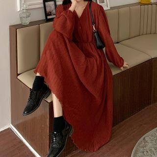 Long-sleeve V-neck Chiffon Midi A-line Dress