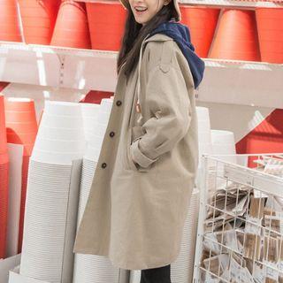 Color Panel Hooded Trench Coat Khaki - One Size
