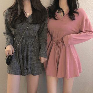Set: Plain Long-sleeve Loose-fit Hooded Top + Skort