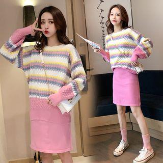 Set: Striped Bobble Sweater + A-line Skirt