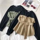 Mock Two-piece Color-block Lace-up Long-sleeve Top