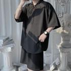 Elbow-sleeve Lace-up Polo Top
