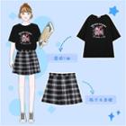 Set : Printed Short-sleeved Top + Lattice Pleated Skirt