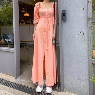 Puff-sleeve Tie-waist Buttoned Maxi Dress