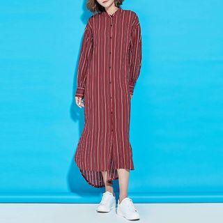 Striped Stand Collar Long-sleeve Shirt Dress