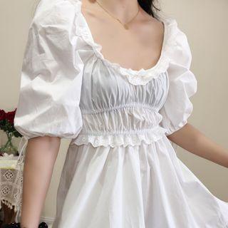 Puff-sleeve Round Neck Plain Dress